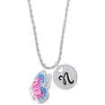 thumbnail image 1 of Delight Jewelry Silvertone Large Translucent Hot Pink & Blue Flying Butterfly Silvertone Script Initial Disc - N - Charm Necklace, 20"+3", 1 of 4