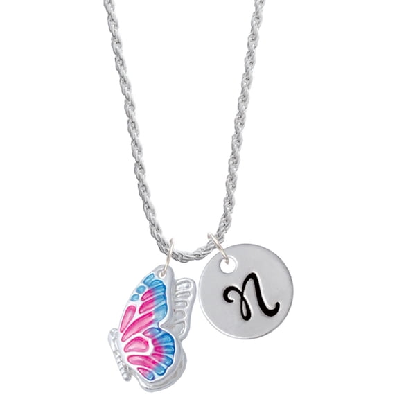 Delight Jewelry Silvertone Large Translucent Hot Pink & Blue Flying Butterfly Silvertone Script Initial Disc - N - Charm Necklace, 20"+3"