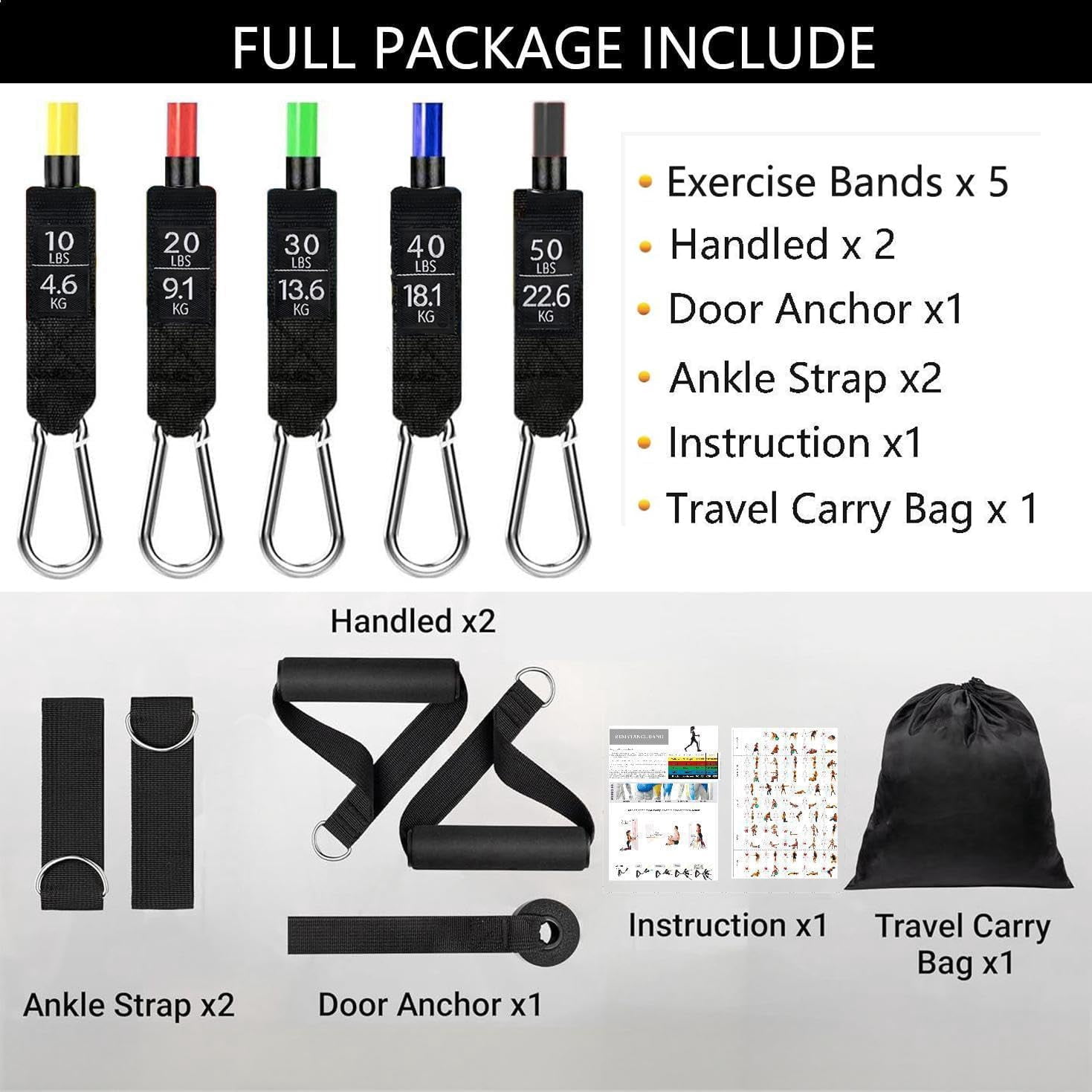 JJEAN-Resistance Bands Set, Exercise Bands, Work Out Bands with Handles, Up to 150lbs, Color Coded Exercise Bands, Exercise Guide, Storage Bag