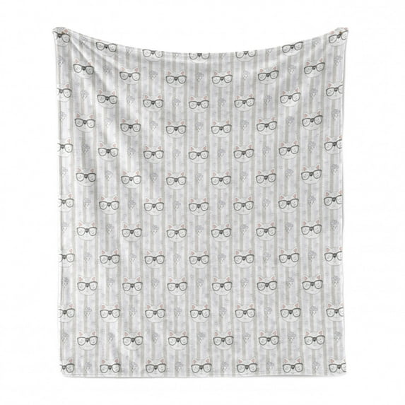 Cat Lover Soft Flannel Fleece Blanket, Vertical Stripes with Doodle Hearts Hipster Cats Hand Drawn Design, Cozy Plush for Indoor and Outdoor Use, 70" x 90", Pale Grey Rose and White, by Ambesonne