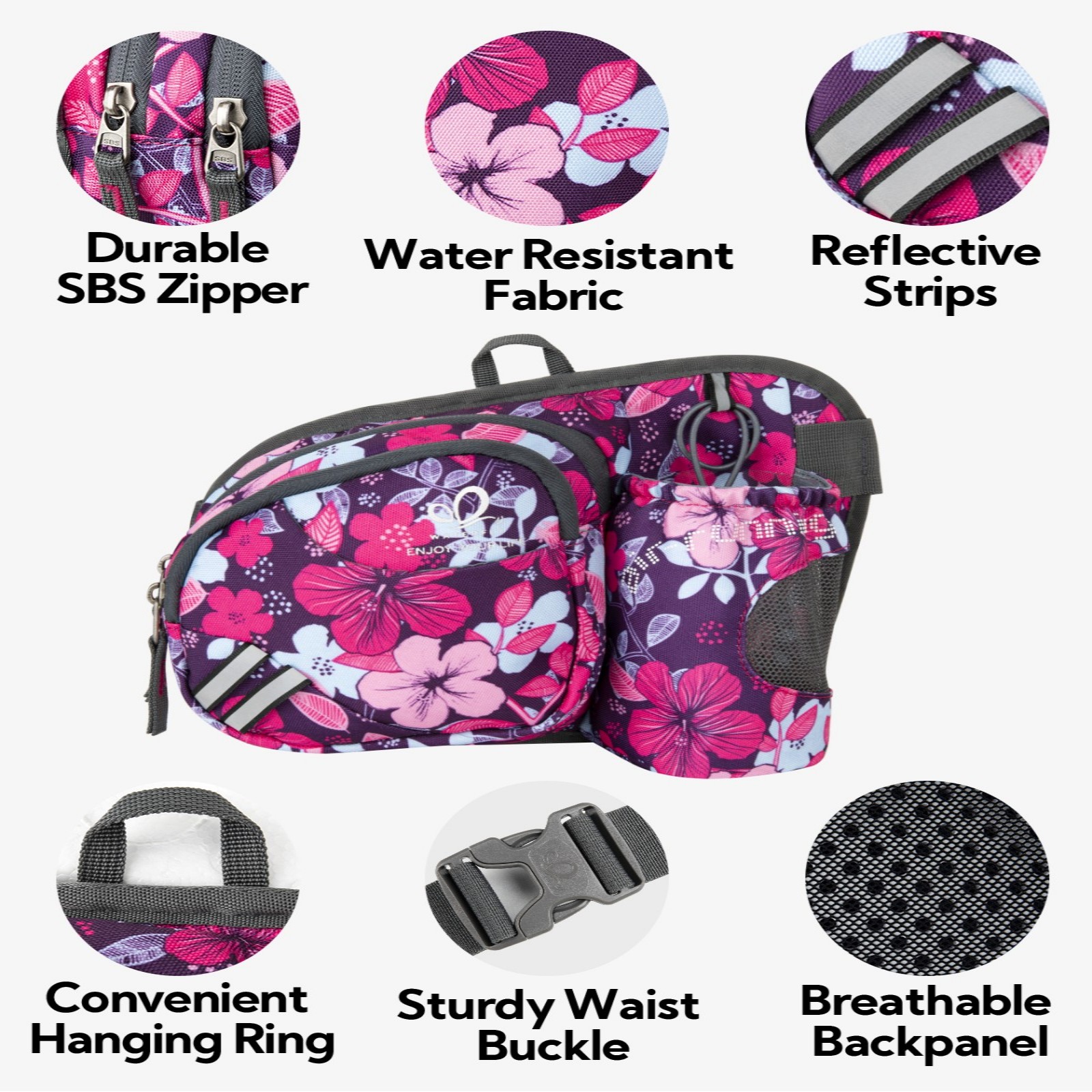 WATERFLY Unisex 3.5L Nylon Fanny Packs with a Water Bottle Holder Travelling Hiking Walking,Purple flowers