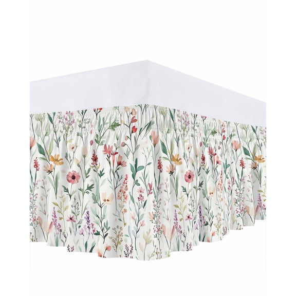 Spring Sage Floral Bed Skirt Queen Size 16 Inch Drop, Watercolor Style Red Flower Adjustable Elastic Dust Ruffles Bedskirt for Queen Bed Wrap Around Pleated Mattress Frame Cover
