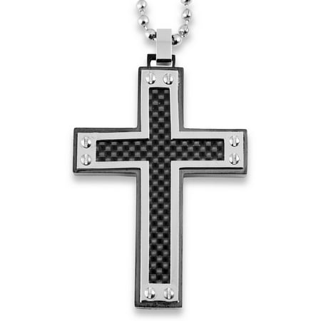Crucible Black-Plated Stainless Steel Black Carbon Fiber Inlay with Silver-Tone Screw Accents Cross Pendant