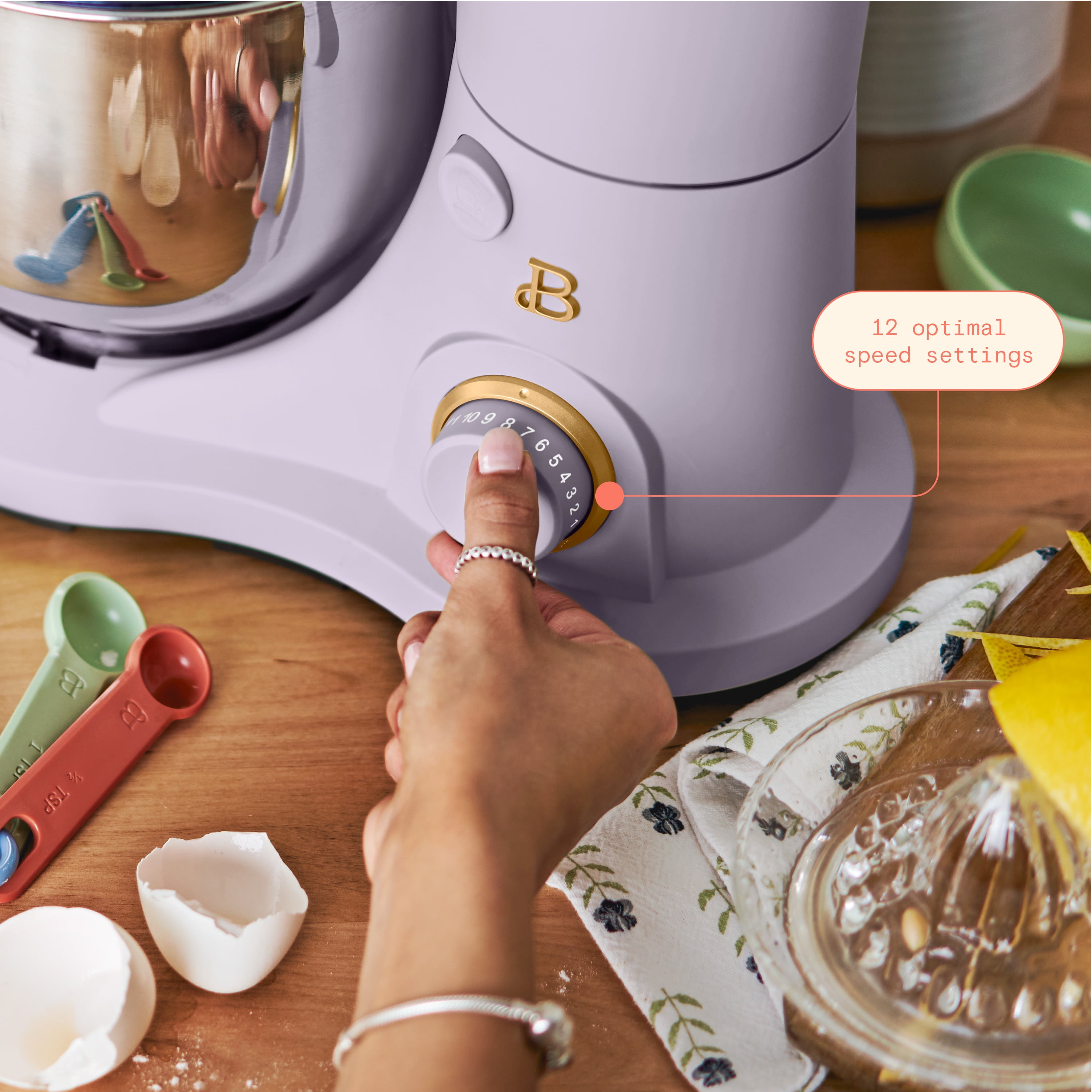 Beautiful 3.5 Qt Stand Mixer, Lavender with Flat Beater, Dough Hook, Wire Balloon Whisk
