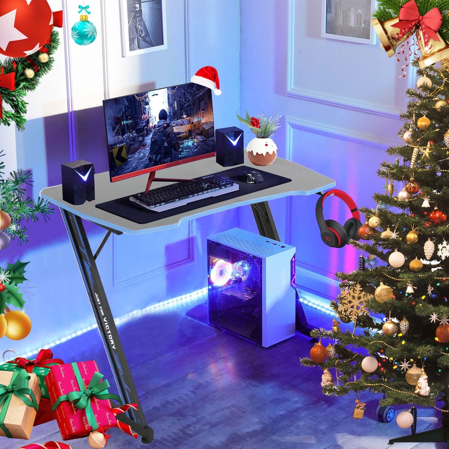CL.HPAHKL 39 inch Small Gaming Desk, Z Shaped PC Computer Desk Gaming Workstation with Headphone Hook, Ergonomic Gaming Table PC Desk for Game Players, Blue