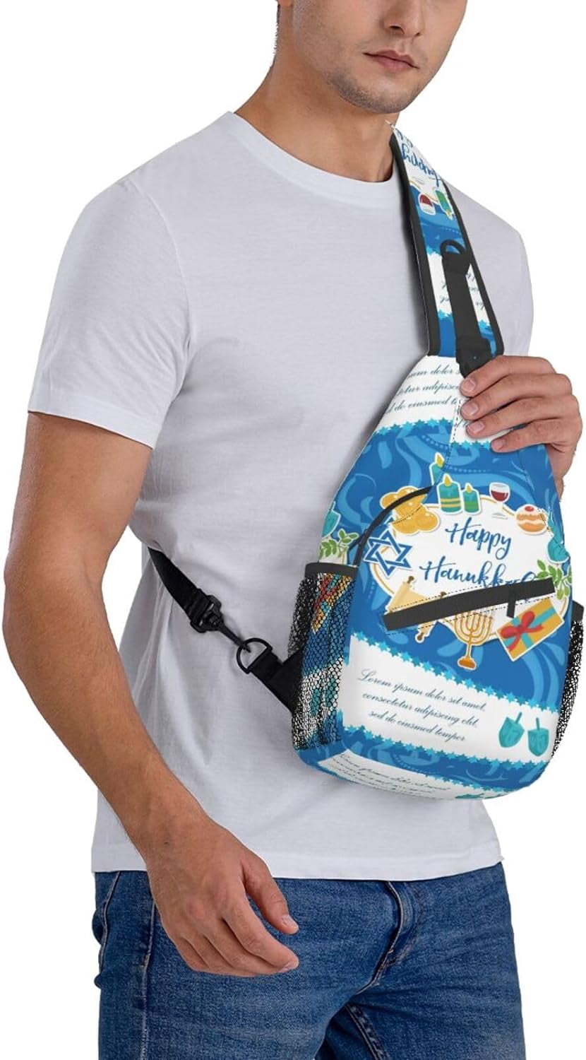 Happy Hanukkah Jewish Chanukah Holiday Sling Bag Crossbody Hiking Travel Chest Bags Backpack Shoulder Daypack for Women Men