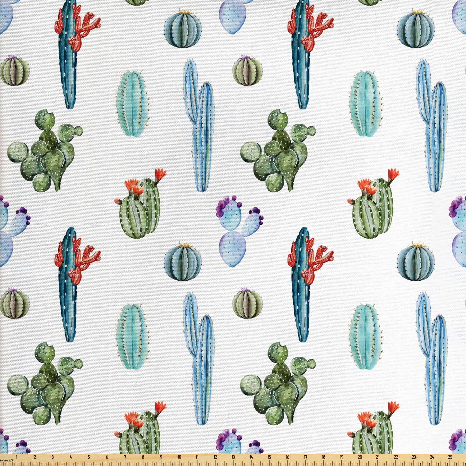 Cactus Fabric by The Yard, Watercolor Indigenous Plants with Many