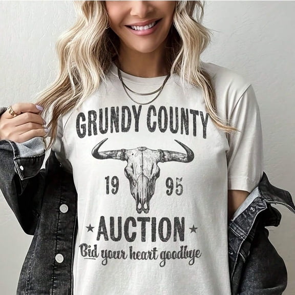 Retro Grundy County Auction 1995 T-Shirt Vintage Bull Skull Graphic Tee Western Country Music Inspired Top Casual Short Sleeve Apparel for Women and Men