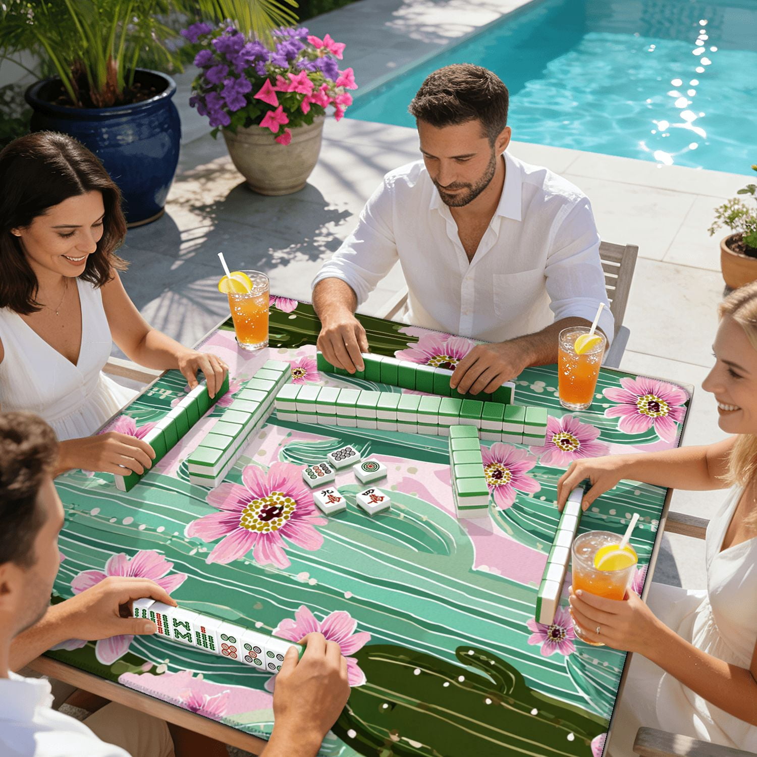 Mahjong Mat 31.5" x 31.5" Cactus pink flowers light seamless Non-Slip Noise Reduction American Mahjong Tiles Table Cover for Dominoes Poker Card Board Games Gift