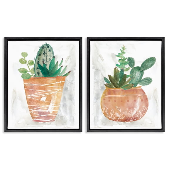 Stupell Industries Boho Cacti & Succulents Plants & Flowers Painting Black Floater Framed Canvas Art Print Wall Art, 17 x 21, Set of 2