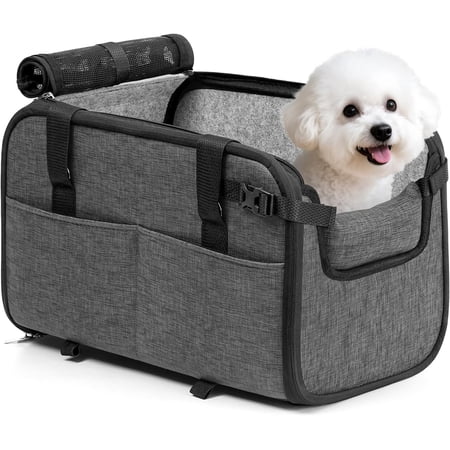 Large Dog Car Seat for Center Console (Width＞9.5in) Fits 10-18lbs, Anti-Slip Puppy Cat Travel Portable Booster Seat, Luxury Pet Car Bed Carseat PU Leather Gray