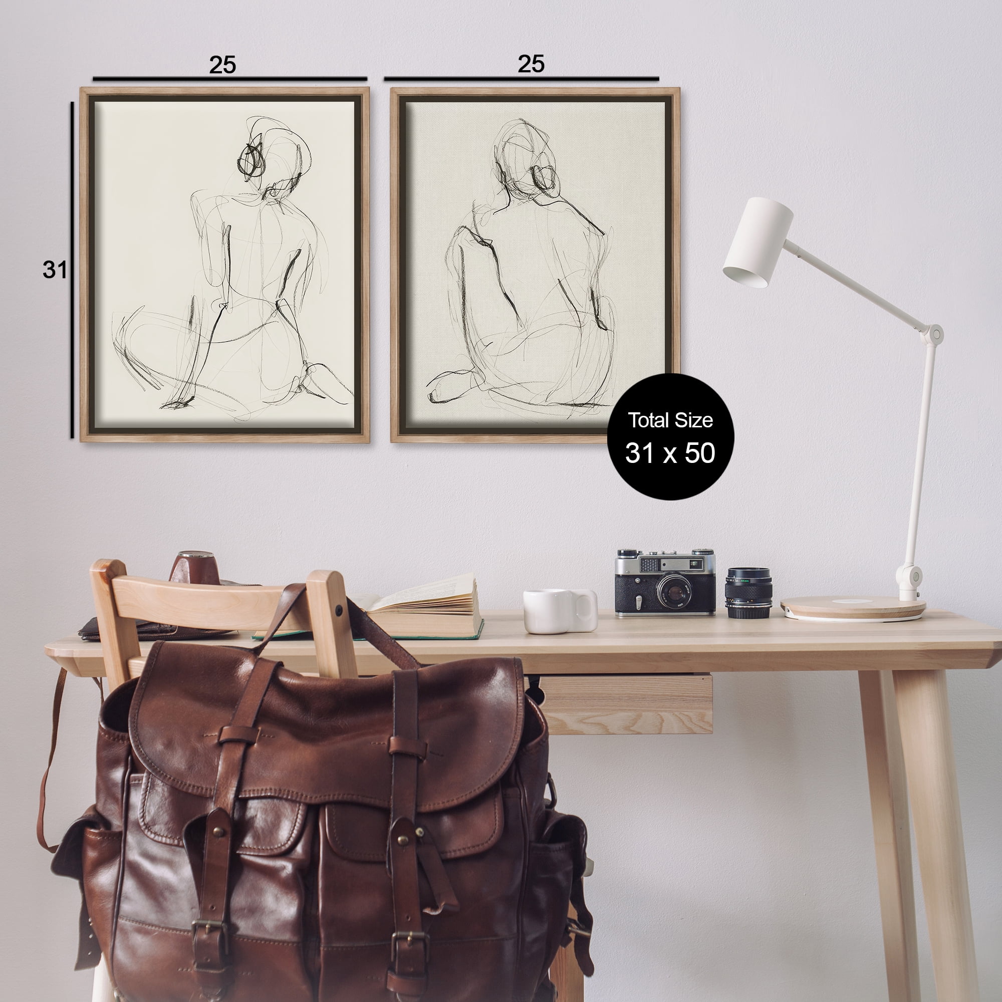 Stupell Industries Sitting Female Figure Drawing People Drawing Brown Floater Framed Canvas Art Print Wall Art, 31 x 25, Set of 2