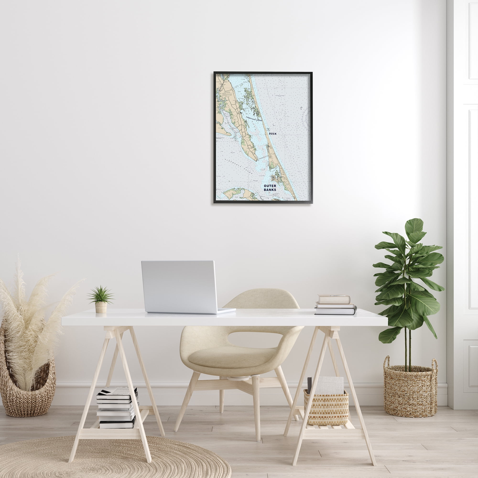 Stupell Industries Outer Banks North Carolina Cartography Nautical Map Vintage Painting Black Framed Art Print Wall Art, 24 x 30, Design by Daphne Polselli