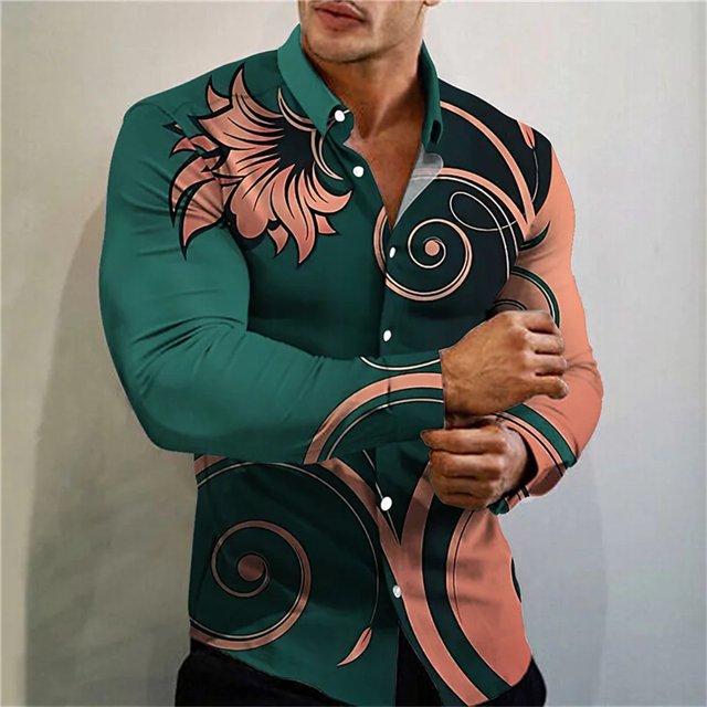 Camisa clásica con solapa y botones de manga larga con estampado de flores y mariposas para uso diario callejero de moda para hombre