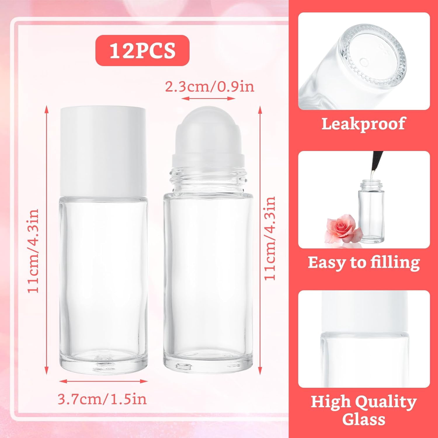 12 PCS Empty Glass Roller Bottles Essential Oils Roller Bottle, Deodorant Roll-On Bottles Refillable DIY Travel Roll on Bottle for Essential Oils, Perfume, Cosmetics （50ml）