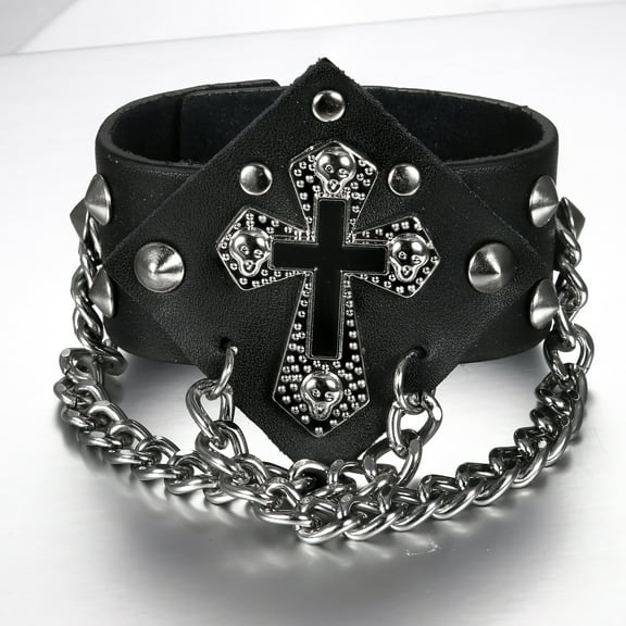 Cross Leather Punk Rock Cuff Chain Bracelet for Men Women Retro Vintage 80s Wristband,Black