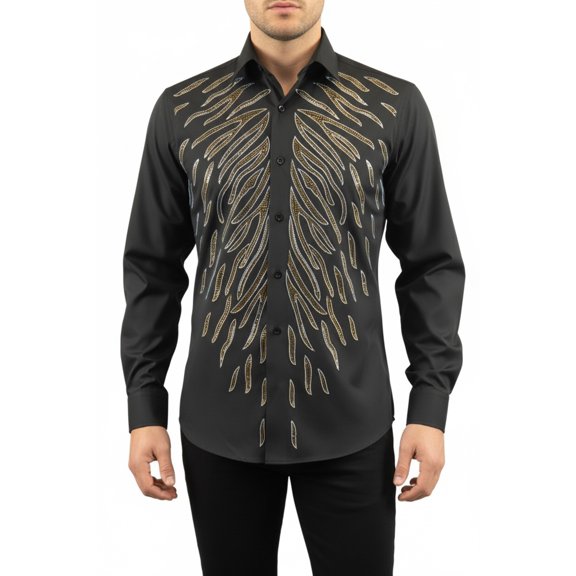 Men CEREMONIA Turkey Shirt 100% Cotton Fancy Rhine Stone #Roma 15 Black Slim Fit