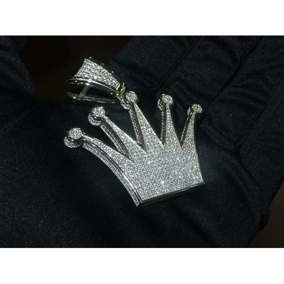 2Ct Round Cut Lab Created Diamond Crown Charm Pendant Free Chain 14K White Gold Plated Silver