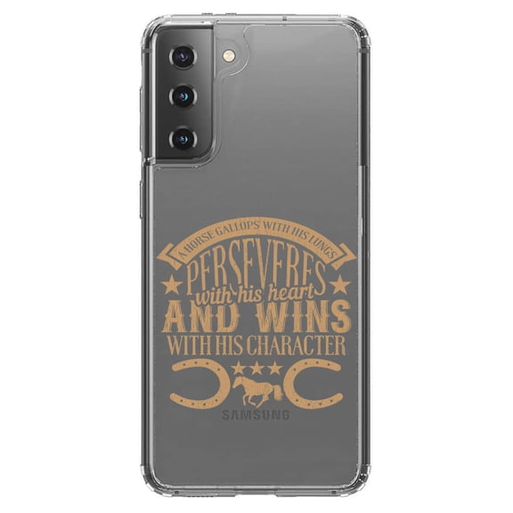 DistinctInk Clear Hybrid Case for Samsung Galaxy S21 Plus (6.7" Screen) - Horse Gallops, Perseveres, Wins - Wireless Charging Compatible