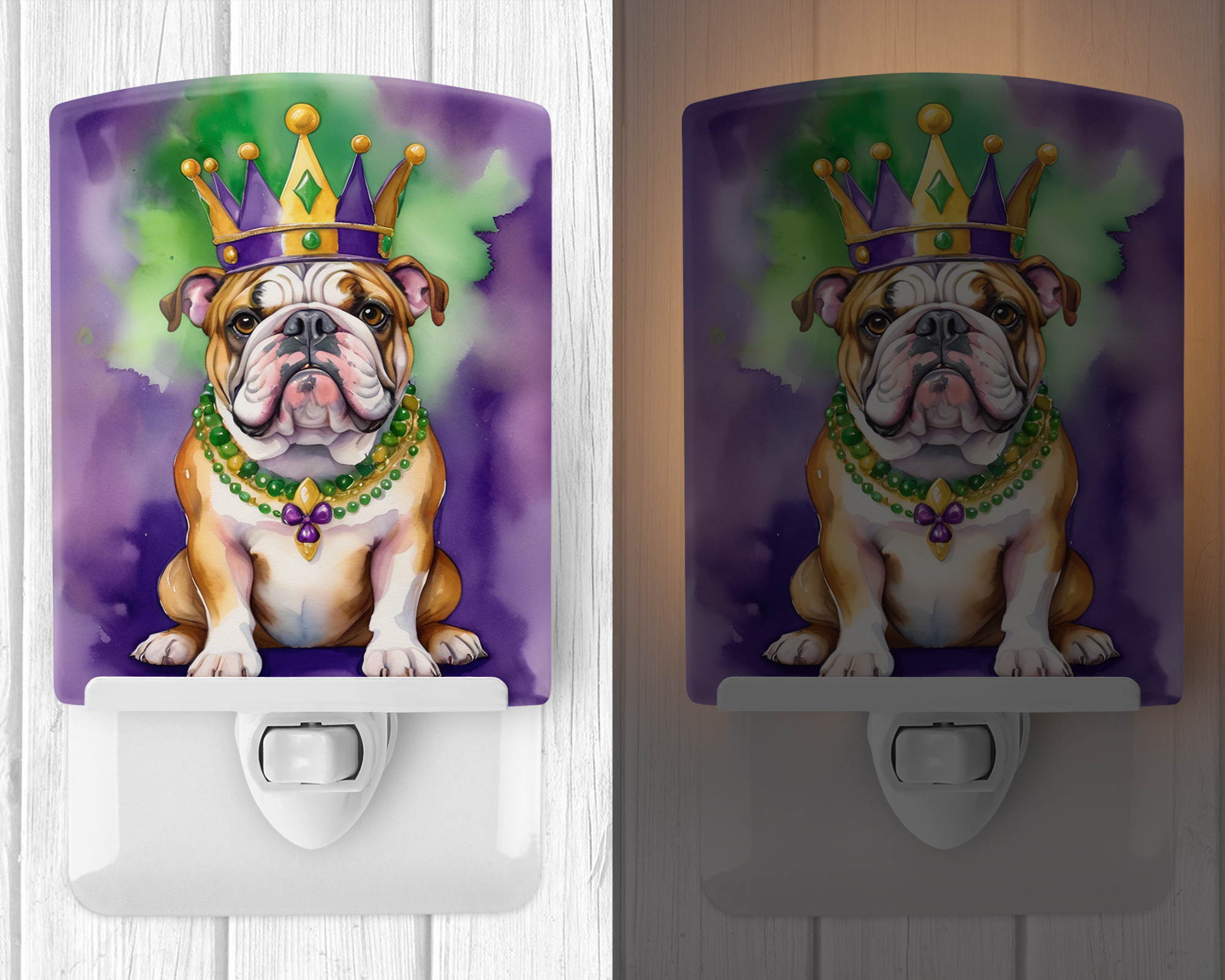 English Bulldog King of Mardi Gras Ceramic Night Light 4 in x 6 in