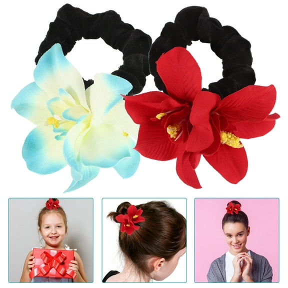 HOOWIFFY 2-Pack Orchid Fabric Hair Ties Floral Elastic Ponytail Holders Assorted Colors Christmas Hair Accessories