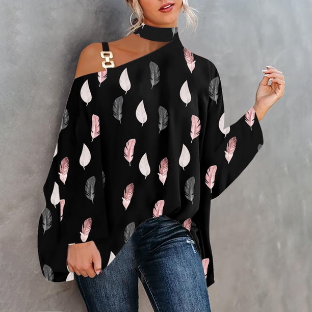 Puntoco, camisa informal para mujer, manga larga, cuello Halter, hombros descubiertos, blusa holgada con estampado de Polluer, tops Puntoco Puntoco-4233