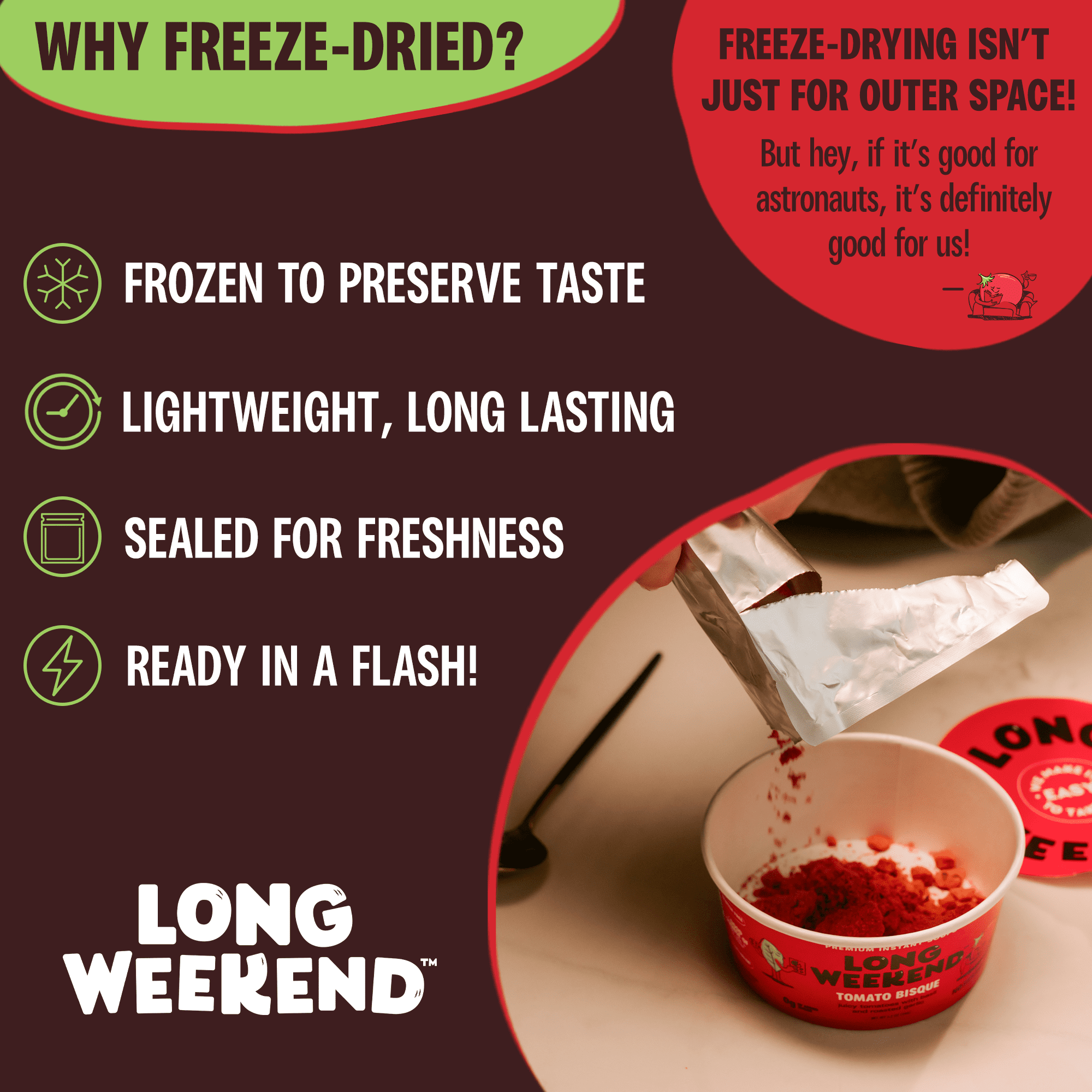 Long Weekend Premium Instant Freeze Dried Tomato Bisque Soup, 6 Pack