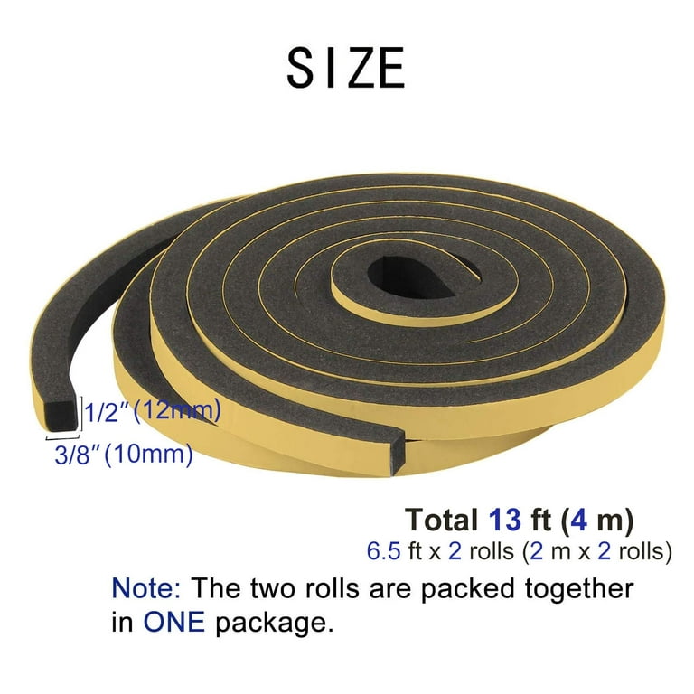Yotache Foam Strips with Adhesive 2 Rolls 1 W x 3/8 T, Black Foam Insulation Stripping Tape, 13 ft Length (2 x 6.5 ft Each)
