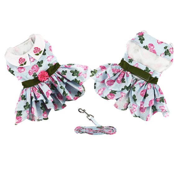 Pink Rose Dog Harness Dress with Matching Leash by Doggie Design