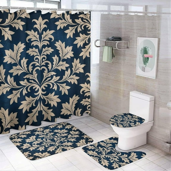 Shower Curtain Sets Aesthetic, Beige Floral Leaf Pattern Printed on Bathroom Rug and Shower Curtain Sets, Suitable for Small Bathroom Gym Guest Bath, 72 x 72 inches