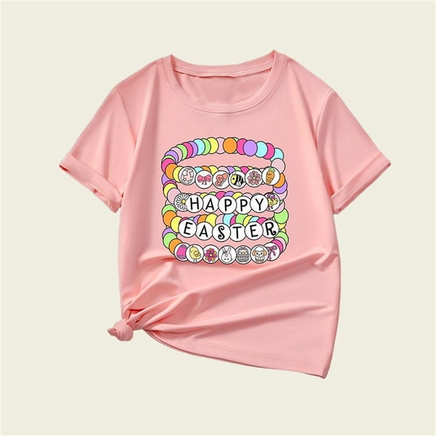 Blusas y camisas de manga corta con cuello redondo, camiseta holgada informal estampada para niños, top de manga corta con cuello redondo de tamaño mediano para niños, top de poliéster para niños