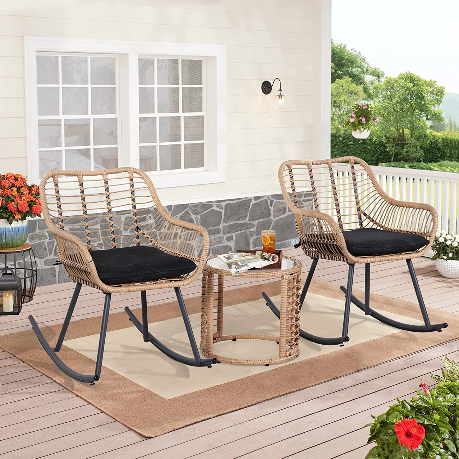 3 Pieces Outdoor Rocking Chair Set, All Weather Wicker Bistro Table and ...