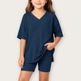 thumbnail image 2 of Girls 2pc Outfits Summer Solid Color Short Sleeve V Neck Drop Shoulder T-Shirts Basic Leggings Shorts Sets Navy 6-7 Years, 2 of 7