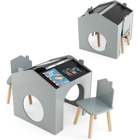 OLAKIDS Kids Table and Chair Set, Sturdy Wood Multi Activity Table with Blackboard for Playing Drawing Reading Arts Crafts, 3 Piece Children Furniture for Playroom Home School Classroom