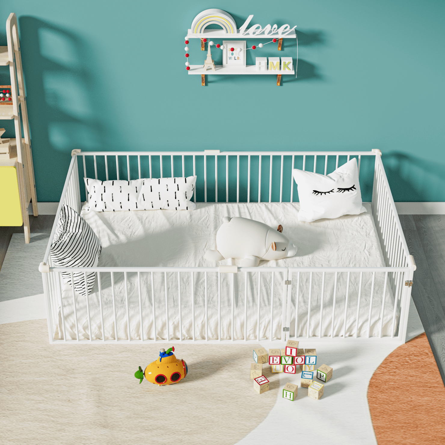 Full Size Metal Floor Bed Frame with Fence and Door, Montessori Bedframe, No Box Spring Needed, Easy to Install, White
