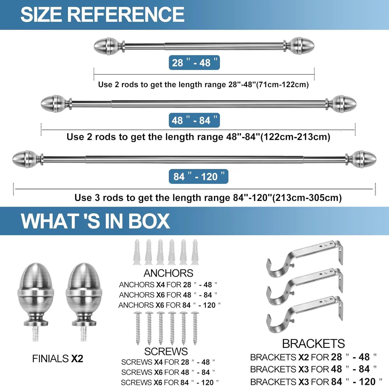 Urbanest Adjustable Single Curtain Rod Set Acorn Finials – 5/8-Inch Diameter, With Brushed Steel Rod, 48–84 Inches