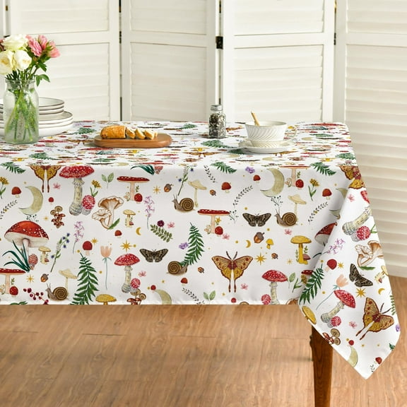 Mushroom Tablecloth 60x84 Inch Rectangular, Seasonal White Vintage Moths Washable Seasonal Table Cover for Party Picnic Dinner Decor