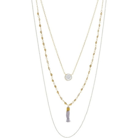 Lesa Michele Genuine Cubic Zirconia Bead Tassel Three-Layered Necklace in Gold over Sterling Silver
