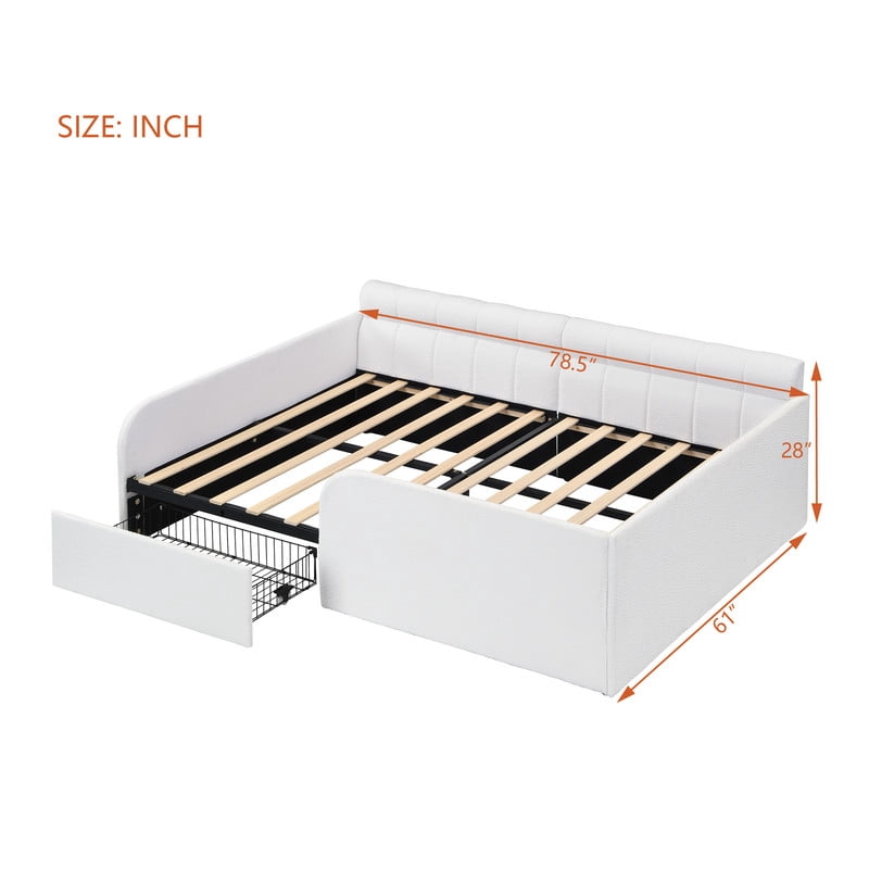 Full Size Boucle Daybed with Metal Drawer on Wheels, Storage Platform Bed Frame with Guardrails, Upholstered Low Profile Bed