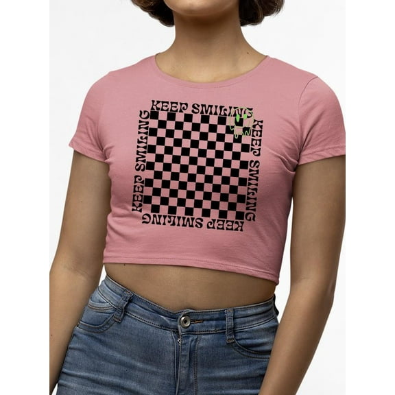 Stay Happy Checkered Graphic Tee Crop Tee Women's