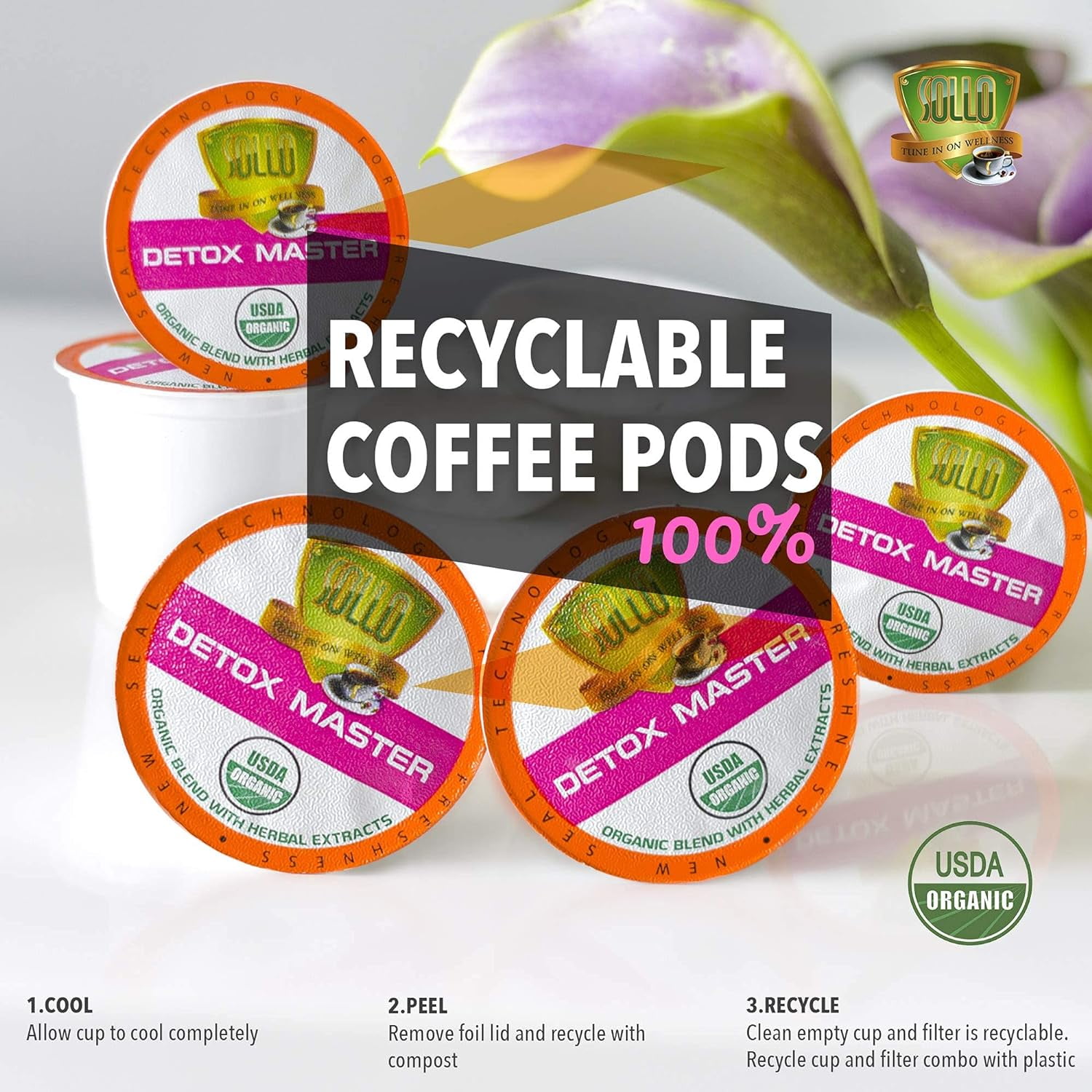 Sollo Detox Coffee Pods, Medium Roast, Compatible w/ K-Cup Brewers, 24 Ct