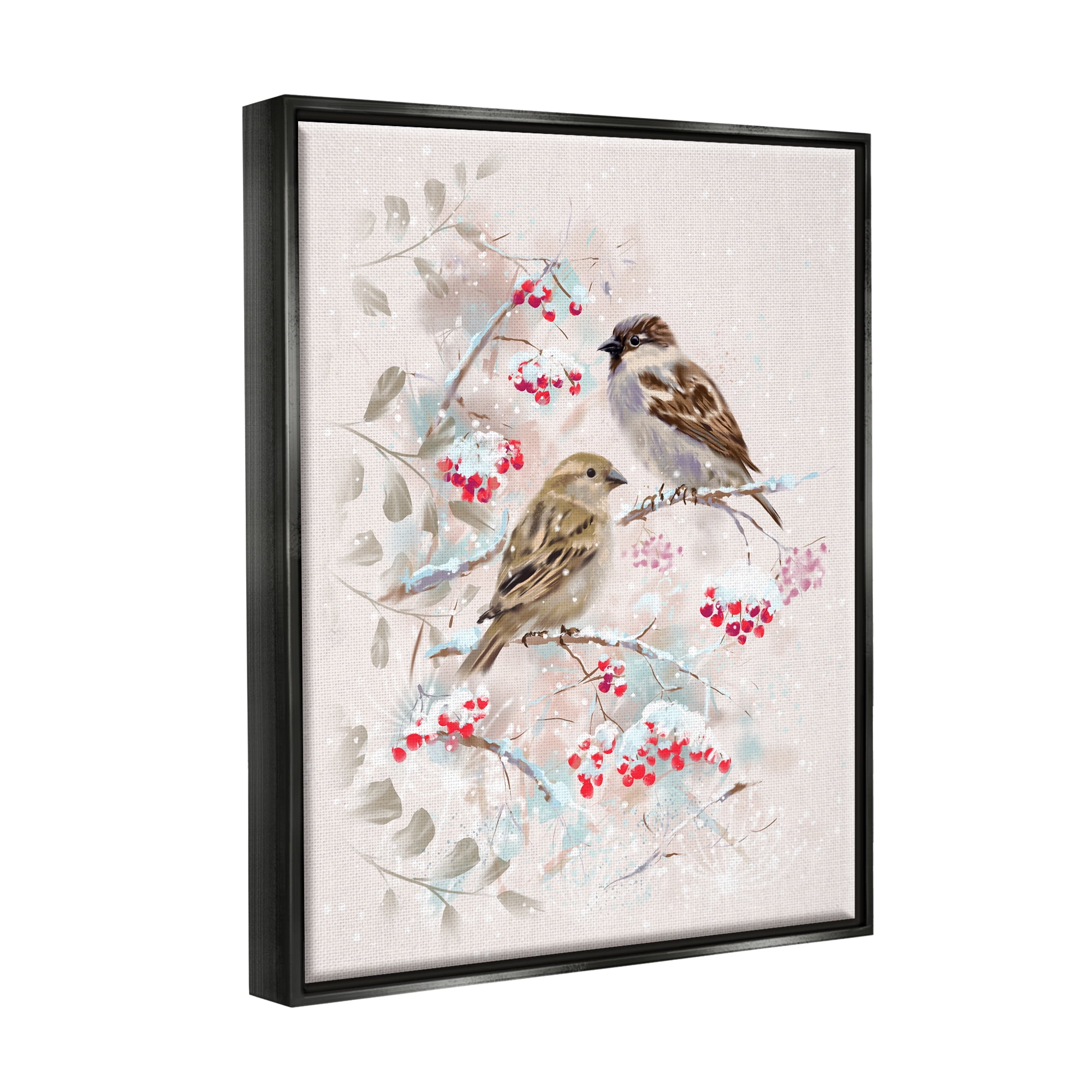 Stupell Industries Finches Perched Seasonal Berries Animals & Insects Painting Black Floater Framed Art Print Wall Art