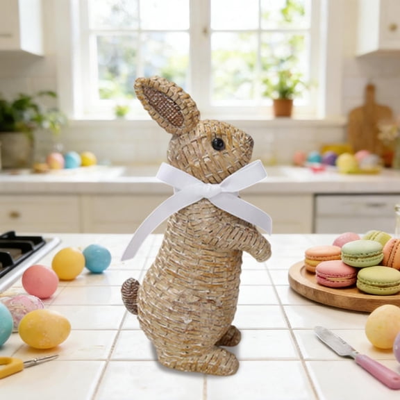 8.2-inch Resin Easter Bunny Figurine, with Woven Rattan Effect and Bow Detail, Decorative Rabbit Sculpture, Cute Farmhouse Style Ornament for Mantel Shelf and Indoor Holiday Decor