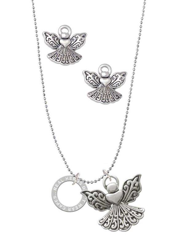 Silvertone Real Heroes Teach Eternity Ring Silver tone Guardian Angel Charm Necklace and Stud Earrings