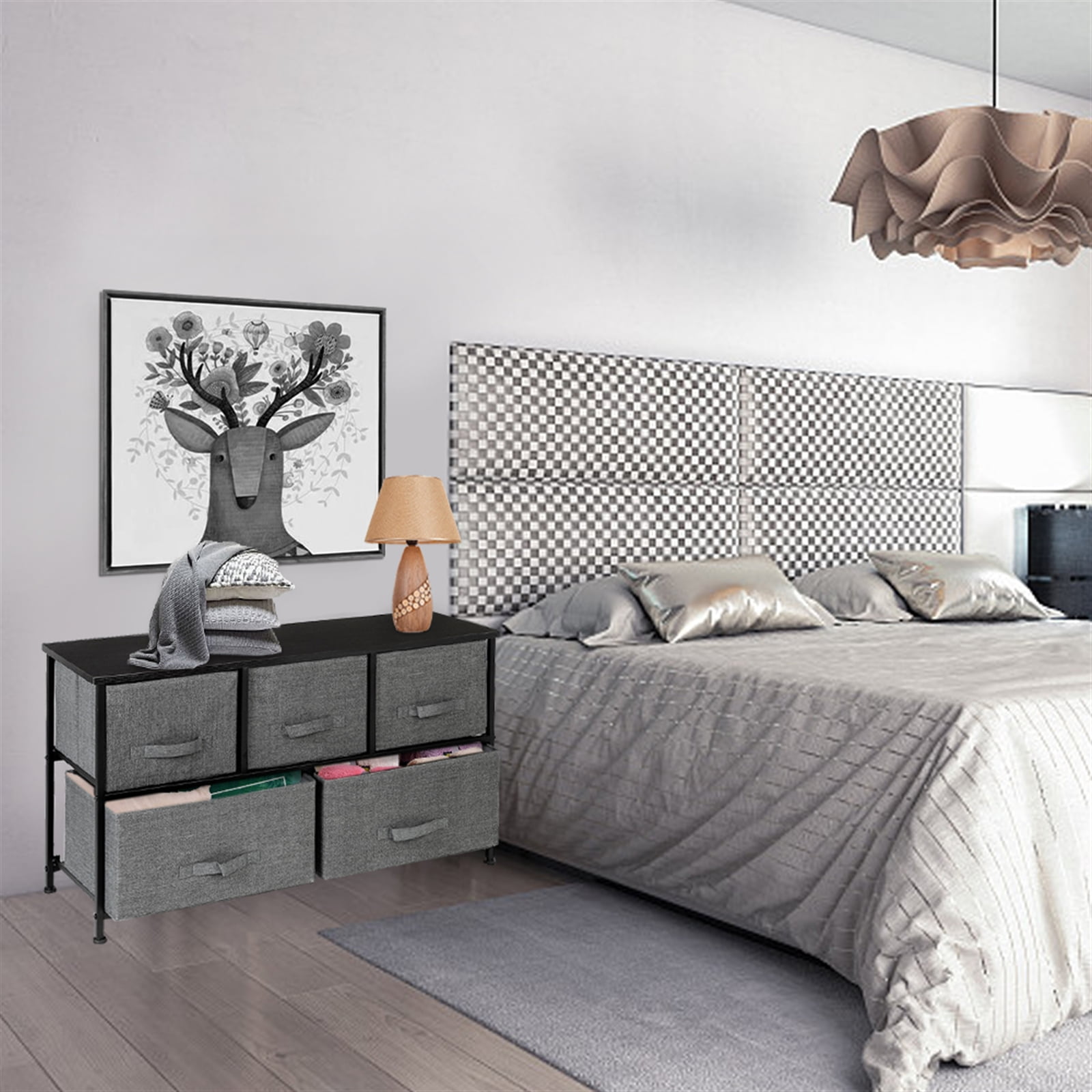 Private Jungle 2-Tier Wide Closet Dresser Nursery Dresser Tower With 5 Fabric Drawers Storage Tower, Sturdy Steel Frame, Wood Top, Easy Pull Handle,Dark Grey Private Jungle 2-Tier Wide Closet Dresser Nursery Dresser Tower With 5 Fabric Drawers Storage Tower, Sturdy Steel Frame, Wood Top, Easy Pull Handle,Dark Grey