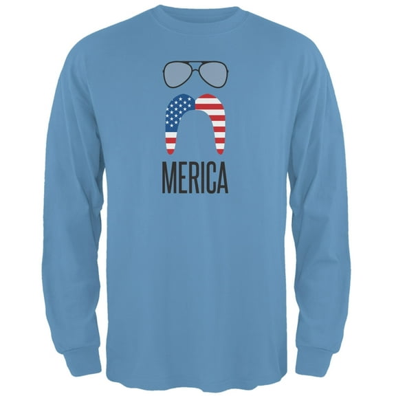4th of July Merica Sunglasses and Mustache Carolina Blue Adult Long Sleeve T-Shirt - 3X-Large