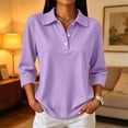 thumbnail image 5 of 3/4 Sleeve Polo Shirts for Women Button V Neck Collar Loose Fit Dressy Fall Casual Blouses Light Purple 3XL, 5 of 9