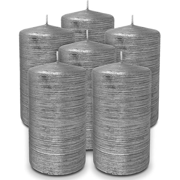 Hyoola, 2.75 x 5 Unscented Titan Silver Brushed Metallic Rustic Pillar Candles, Paraffin Wax with Cotton Wicks, 6-Pack