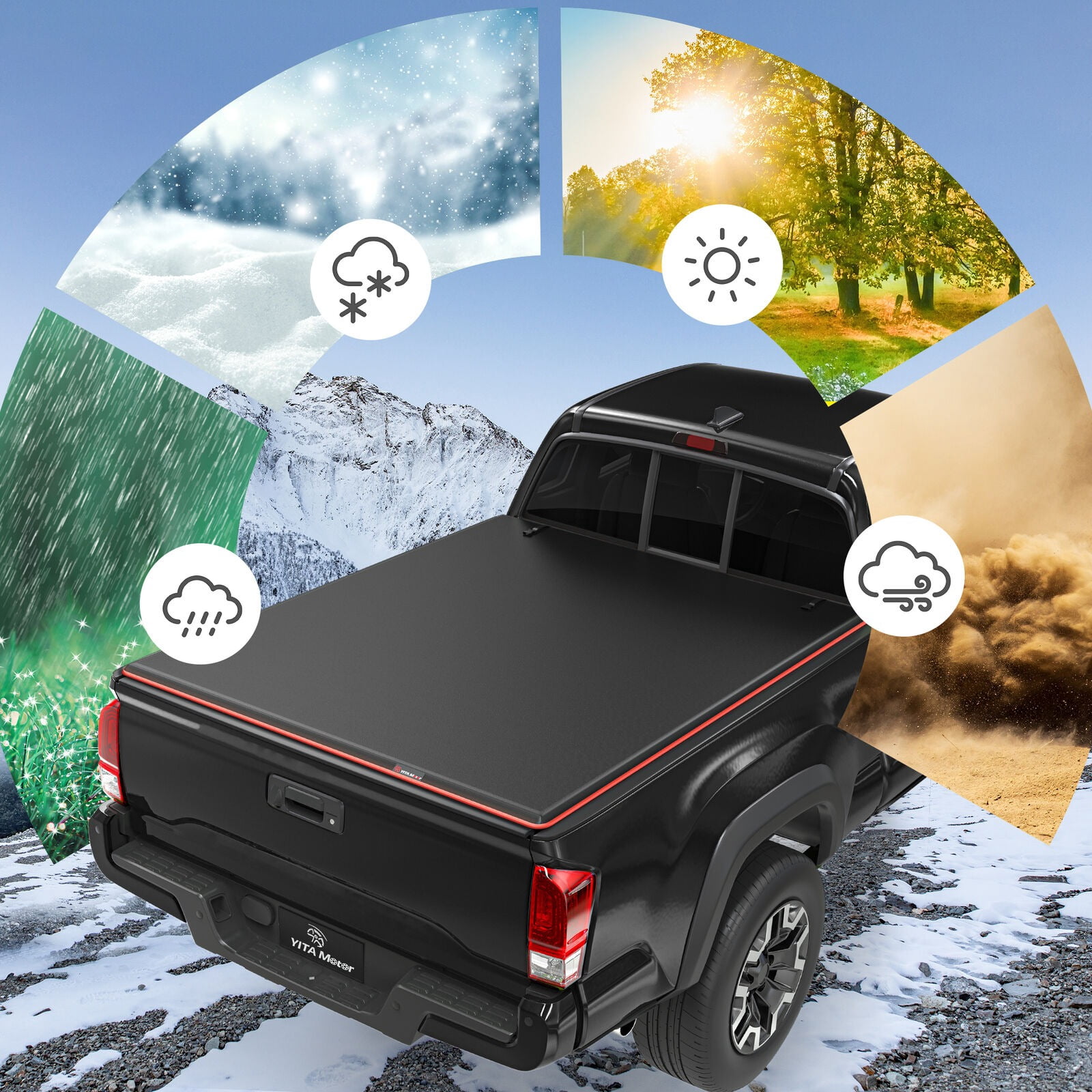 RVNI 5 ft Tonneau Cover Soft Tri-fold for 2016-2023 Toyota Tacoma Reflective Strip Style