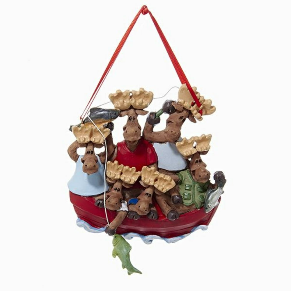 12 Moose Family of 6 in Fishing Boat Christmas Ornaments
